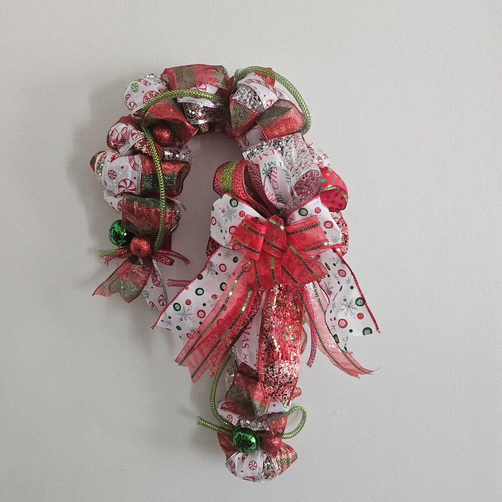 Christmas Candy Cane Wreath Door Hanger Red and Green